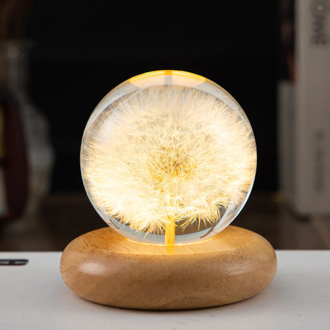 Veilleuse LED Fleur Boule de Cristal Lampe de Nuit pour Enfants avec Base en Bois Lumière Ambiante de Chambre Cadeau Créatif Veilleuse