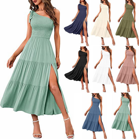 Buy New Summer Fashion Women'S One-Shoulder Pleated Layered Hem Split Dress online at Fashionner.