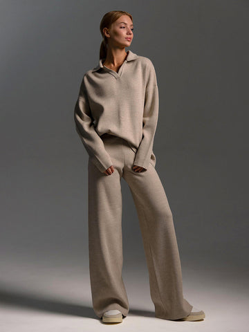 Ensemble deux pièces automne hiver pour femme, simple, ample, de couleur unie, ensemble pull col montant, mode décontractée, ensemble de sport.