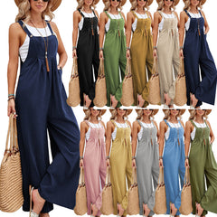 Women Long Bib Pants Overalls Casual Loose Rompers Jumpsuits With Pockets - Fashionner