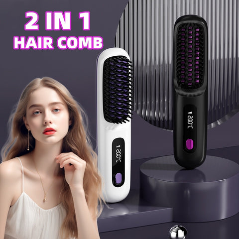 Peigne Lisseur 2 En 1 Sans Fil Brosse Lissante Chauffage Rapide Portable Bigoudi Chaud Chargement USB