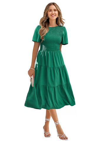Robe décontractée à col rond pour femme, manches courtes smockées, coupe trapèze, ourlet volanté, mini-robe de plage d'été.
