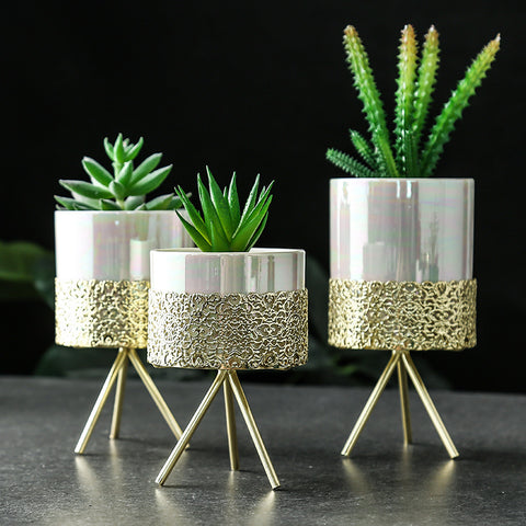 Pot hydroponique en céramique avec cadre en fer nordique simple pour plante verte