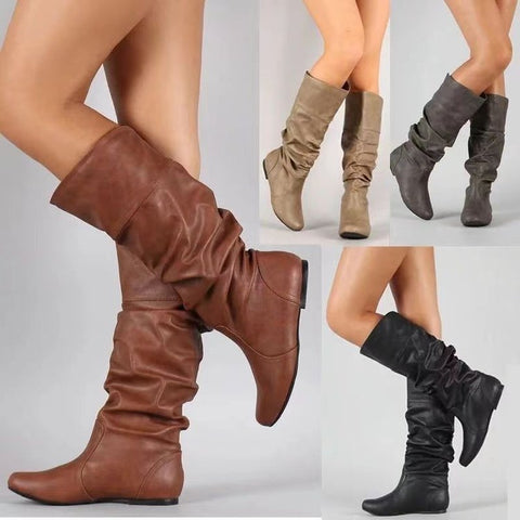 New Flat Boots Round Toe Slip-on Slimming - Fashionner