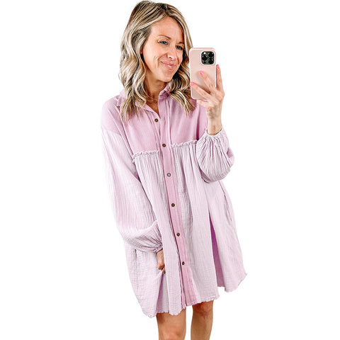 Thin Patchwork Pleated Long Sleeve Dress - Fashionner