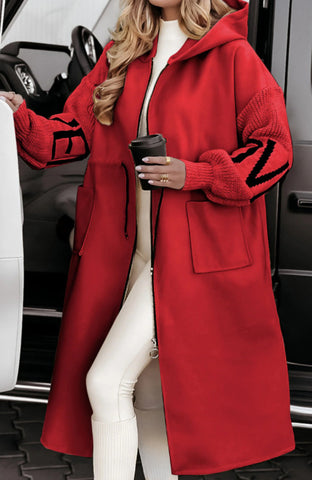 Trench-coat long pour femme avec capuche, poches et cordon de serrage, manches tricotées, couleur unie, pour l'automne et l'hiver