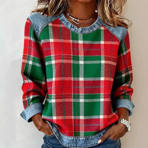 Sweat-shirt en jean patchwork, mode, col rond, pull unique, haut de chemise à manches longues, vêtements pour femmes