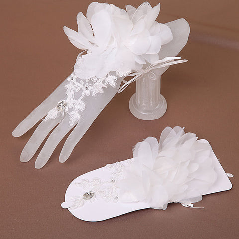 Gants de mariage courts en dentelle rouge et blanc pour mariée
