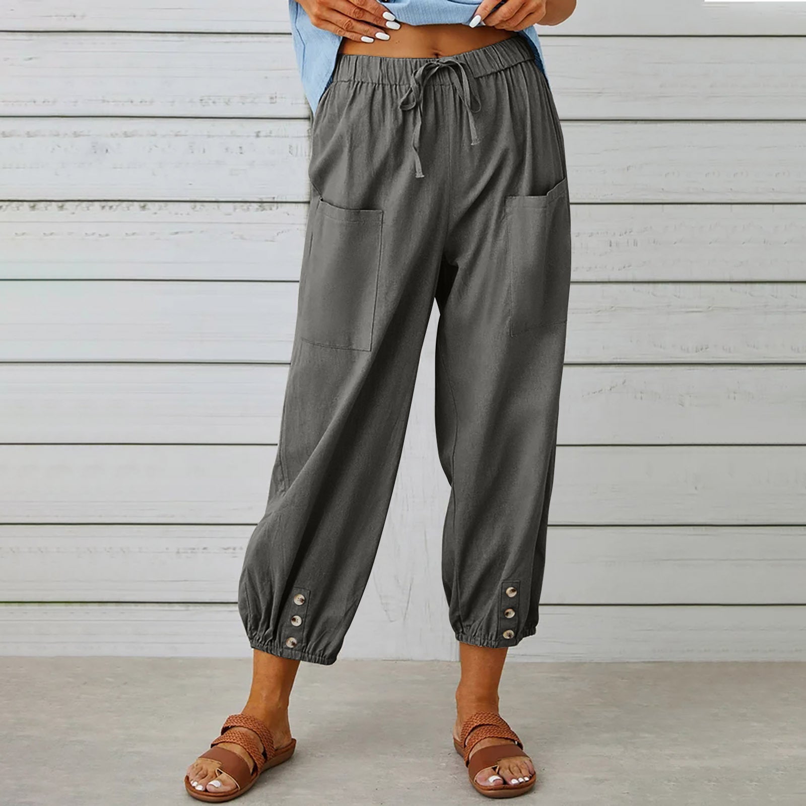 Women Drawstring Tie Pants Spring Summer Cotton And Linen Trousers With Pockets Button - Fashionner