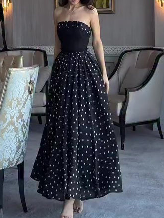 Buy Black Strapless Polka Dot Full Skirt Maxi Dress online at Fashionner.