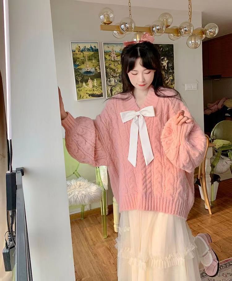 Women's V-neck Twist Lazy Gentle Bow Autumn And Winter Loose Velvet Thickened - Fashionner