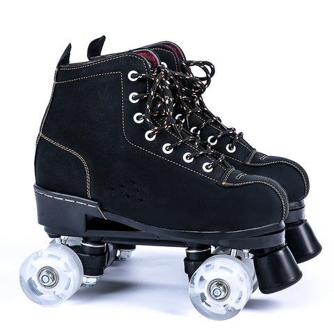 Chaussures de patins à roulettes noires en cuir 4 roues doubles rangées