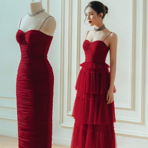Suspender Spread Chest Temperament Dark Red Flowing Small Dress Long Skirt - Fashionner