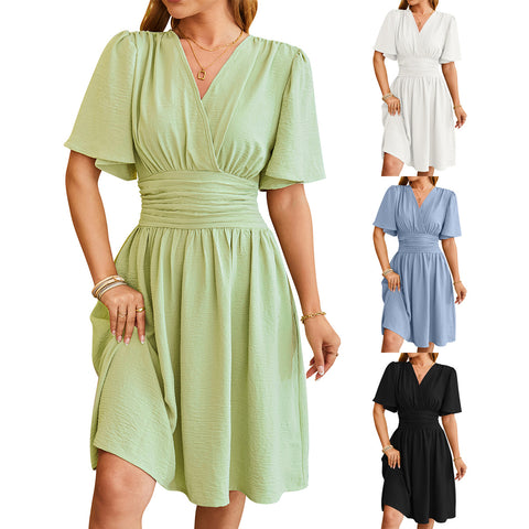V-neck Short-sleeved Dress Fashion Bell-sleeved Dress Summer Womens Clothing - Fashionner
