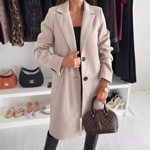 Manteau en laine à revers, simple boutonnage, manches longues, couleur unie, veste longue pour femme