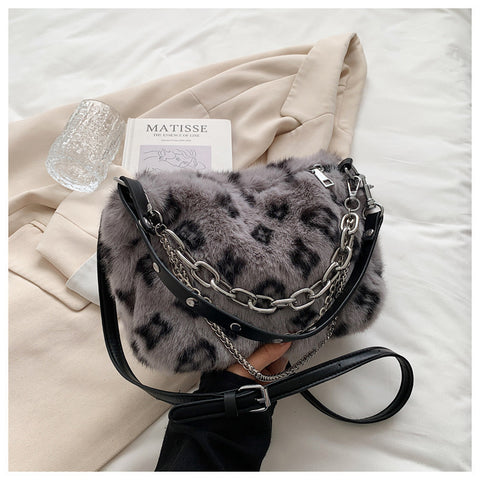 Winter Plush Bags Chain Shoulder Bag Women Flowers Print Handbags - Fashionner