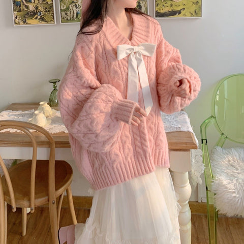Women's V-neck Twist Lazy Gentle Bow Autumn And Winter Loose Velvet Thickened - Fashionner