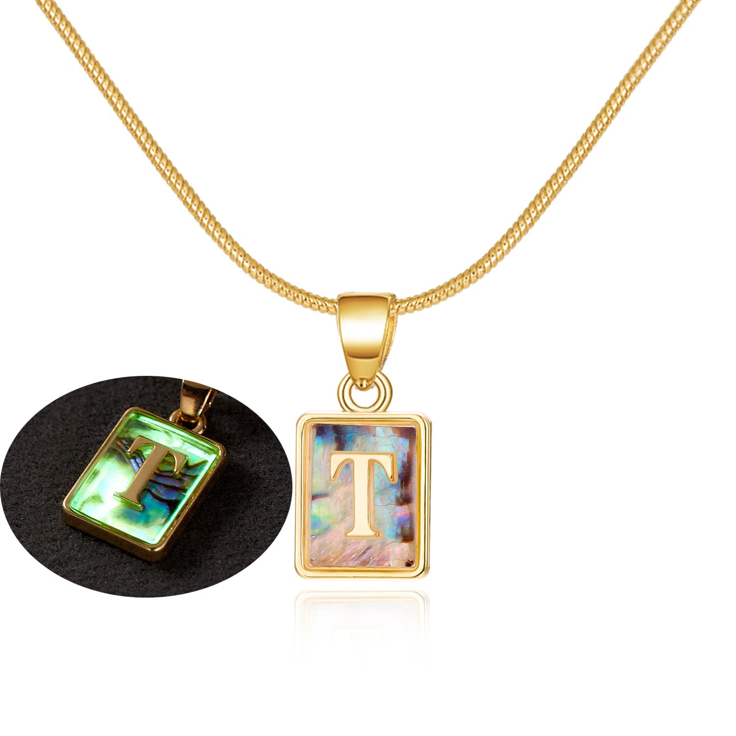 26 Letter Square Necklace Colorful Shell Luminous Pendant Chain Necklace For Women Temperament Ladies Jewelry - Fashionner