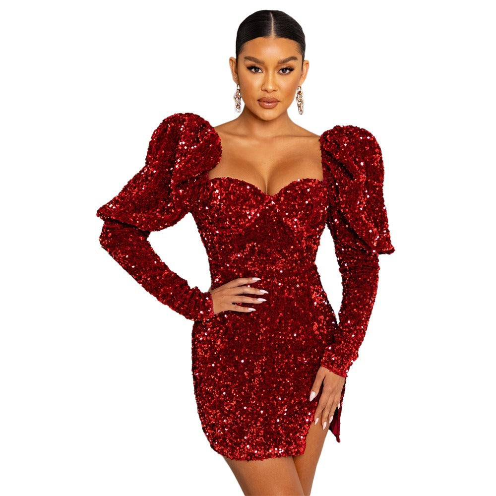 Sequin Backless Padded Shoulder Bubble Sleeve Party Dresses For Women - Fashionner