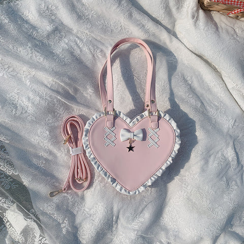 Sac à bandoulière portable en dentelle avec nœud de cœur croisé et jolie forme de cœur