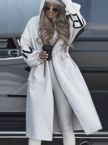 Trench-coat long pour femme avec capuche, poches et cordon de serrage, manches tricotées, couleur unie, pour l'automne et l'hiver