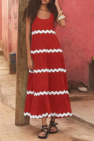 U-neck Wavy Print Long Dress Sleeveless Solid Color A-line Dress Summer Womens Clothing - Fashionner