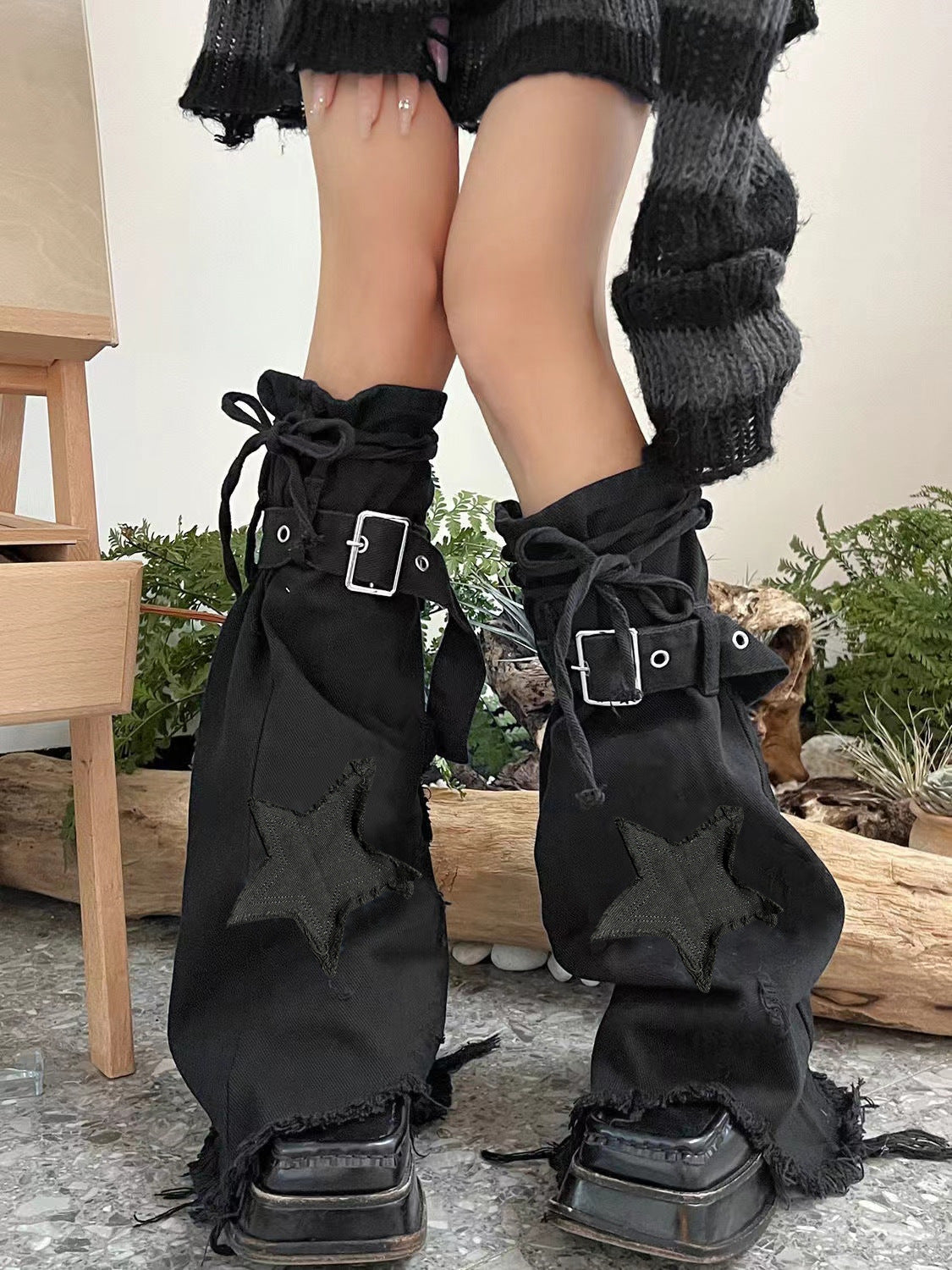 Star Embroidery Tie-neck Denim Retro Slightly Flared Women's Pile Tube Socks Leg Warmer - Fashionner