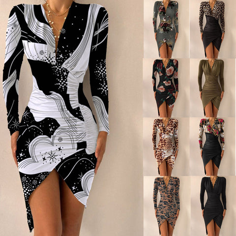 Autumn And Winter Long Sleeve V-neck Printed Tight Split Dress Women's Clothing - Fashionner