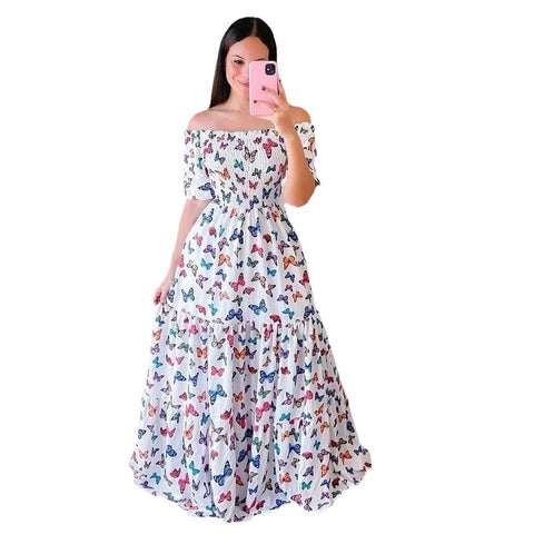 Robe longue florale élégante sans épaules pour femme