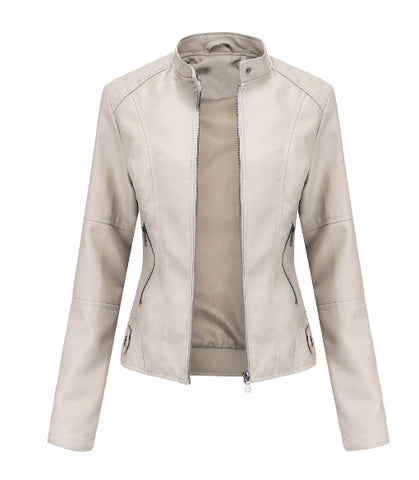 Vestes en cuir zippées pour femmes Mode couleur unie Poches Col montant Vêtements d'extérieur