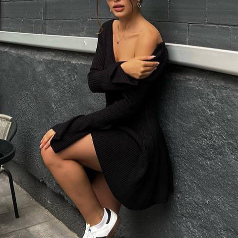 Robe courte moulante à col en V et manches longues, tricotée, avec volants, coupe trapèze, style Y2K, vêtements pour femmes.