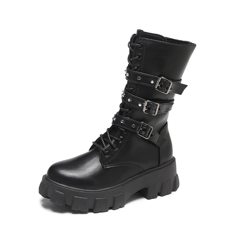 Buckle Lace-up Side Zip Punk Women's Mid Boots - Fashionner