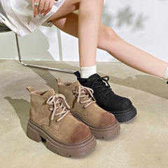 Women's Thick-soled Lace-up Retro Matte Ankle Trendy Cool British Fan Boots - Fashionner