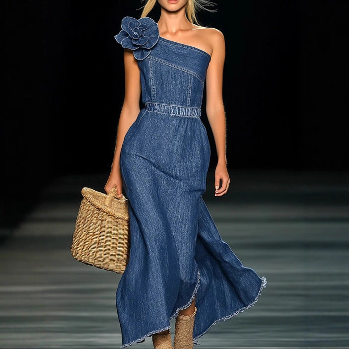 Buy Elegant Strapless Denim 3D Floral Maxi Dress online at Fashionner.