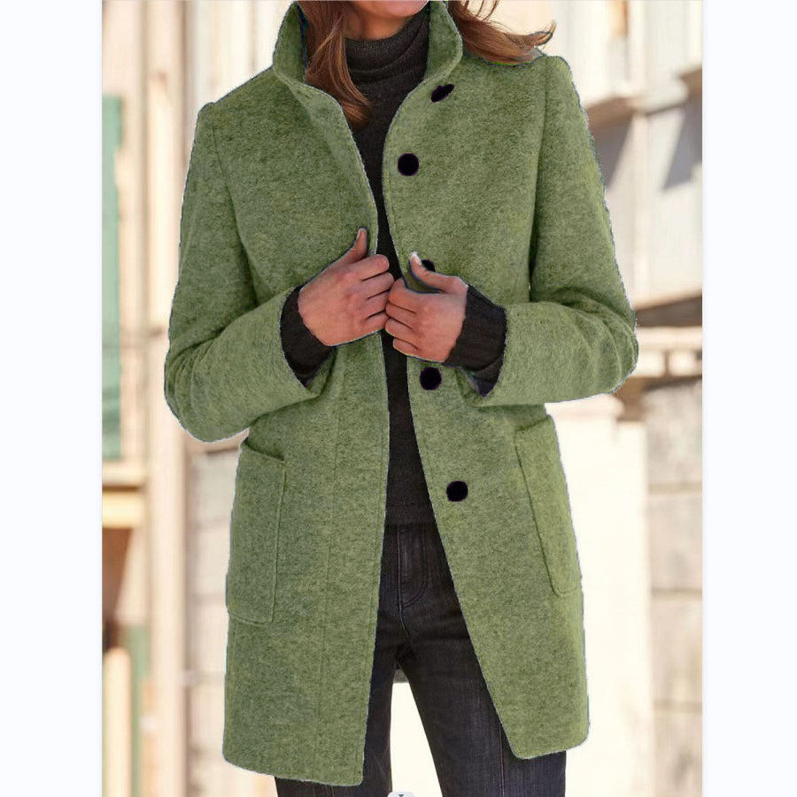 Buy Fashion Stand Collar Woolen Coat With Pockets Fall Winter Casual Button Outwear For Women Clothing online at Fashionner.