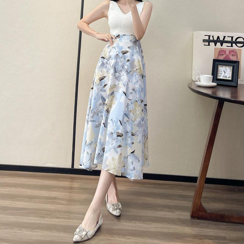 Women's Fashion High Waist Slimming Wide Hem Printed Dress - Fashionner