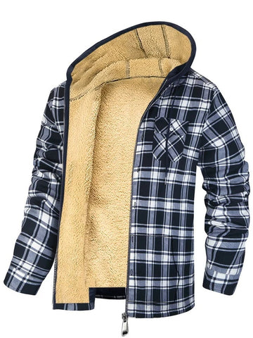 Veste zippée à capuche à imprimé écossais pour homme Manteau chaud rembourré en coton épaissi pour l'hiver