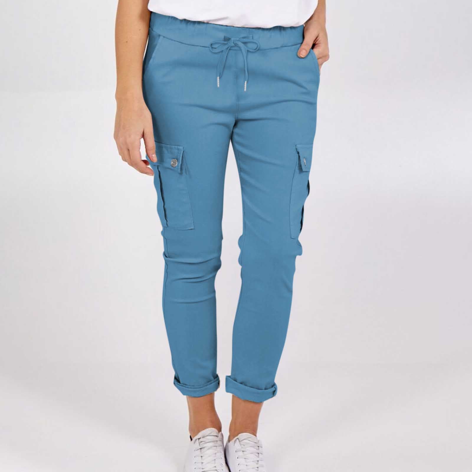 Casual Cargo Pants With Pockets Solid Color Drawstring Waist Pencil Trousers For Women - Fashionner