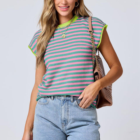 Pull tricoté ras du cou pour femme, décontracté, à rayures et couleurs contrastées