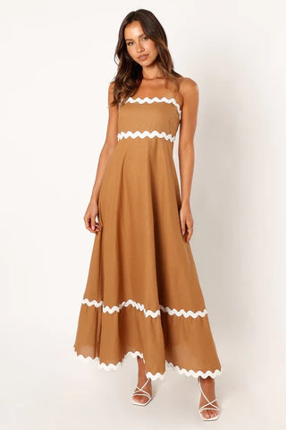 New Suspender Long Dress Summer Fashion Solid Color Wave Pattern Printed Beach Dresses For Womens Clothing - Fashionner