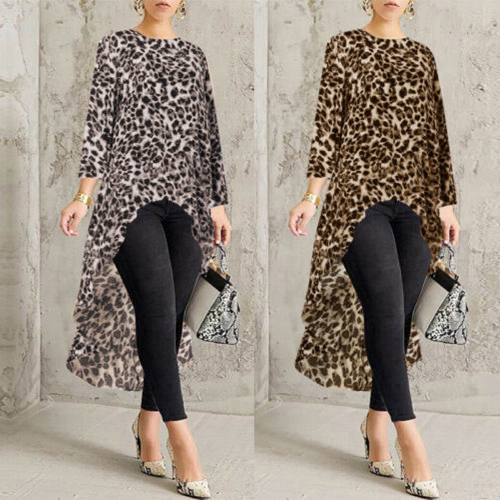 Leopard Print Long Sleeve Irregular Dress Women's Clothing - Fashionner