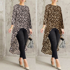 Leopard Print Long Sleeve Irregular Dress Women's Clothing - Fashionner