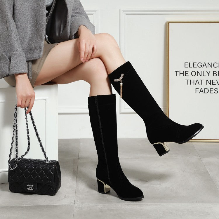 Large And Small Size Women's Suede Boots Metal Rhinestone Pendant Thick High Heel Side Zipper - Fashionner