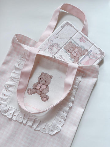 Sac à bandoulière en toile avec oreille en bois, motif ours, pour fille