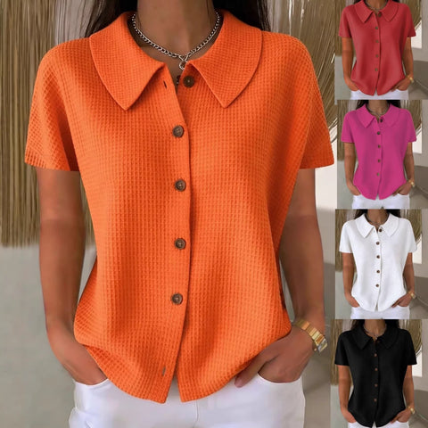Chemise décontractée ample à manches courtes en tissu gaufré uni avec col rabattu – Haut d'été léger en mélange de coton pour femmes, idéal pour un usage quotidien