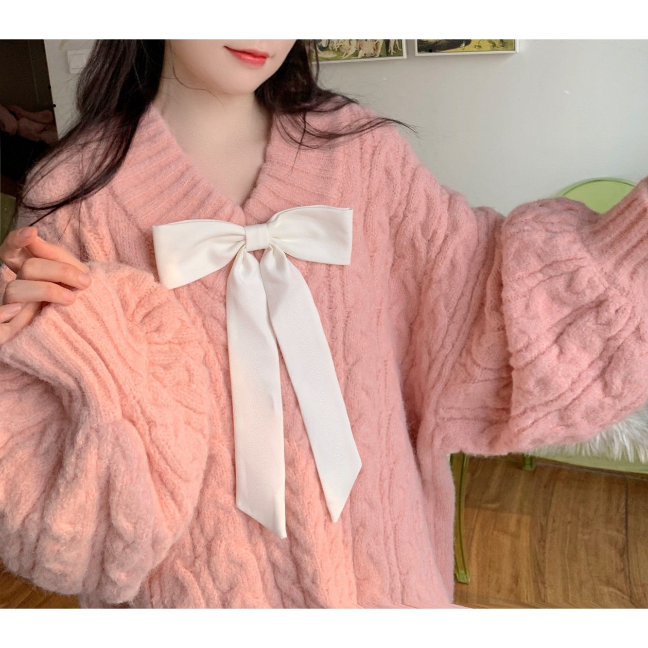 Women's V-neck Twist Lazy Gentle Bow Autumn And Winter Loose Velvet Thickened - Fashionner