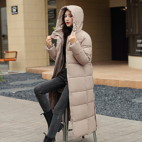 Manteau d'hiver en duvet super long pour femme, doudoune épaisse noire et rouge avec capuche, fermeture éclair, pour rester au chaud en automne et en hiver, tenue décontractée