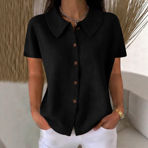 Chemise décontractée ample à manches courtes en tissu gaufré uni avec col rabattu – Haut d'été léger en mélange de coton pour femmes, idéal pour un usage quotidien