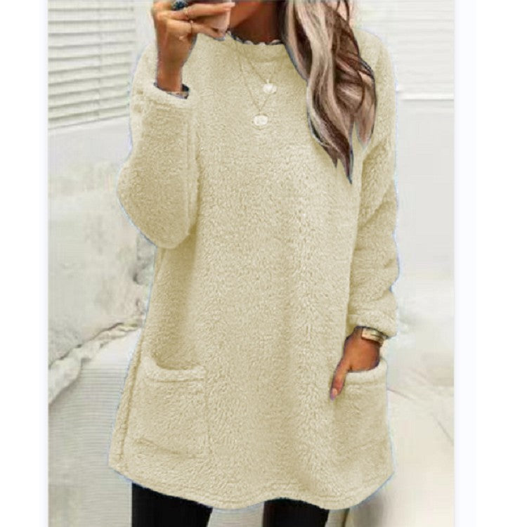 Sweat-shirt pull polaire long pour femmes avec poches Hiver chaud Épaissir Sweatershirt Décontracté Manches longues Peluche Hauts Manteau à capuche Streetwear Tenues amples d'automne Hauts à capuche