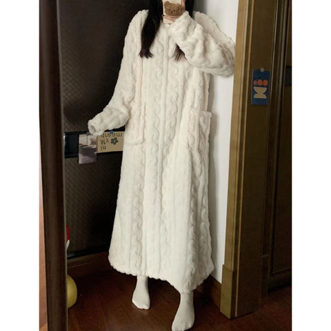 Robe de nuit longue en polaire corail pour femme, pyjama avec poches, robe jacquard épaissie, vêtements de maison chauds